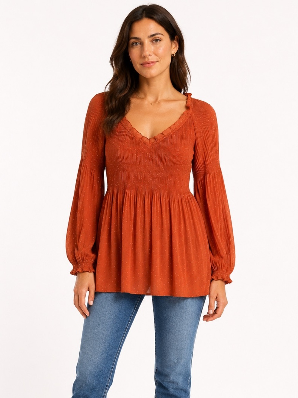 SUNNY LEIGH | Long Sleeve Chiffon Tunic with Flecks of Gold M NWT